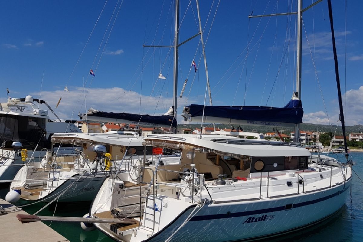 Exterior view of The Big One Two, a Dufour Atoll 6 sailboat at Primošten, Croatia