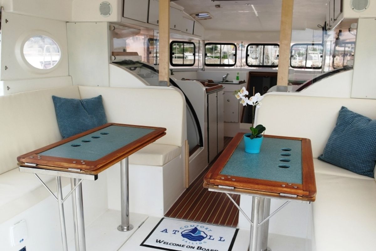 Salon of The Big One Two, a Dufour Atoll 6 sailboat at Primošten, Croatia