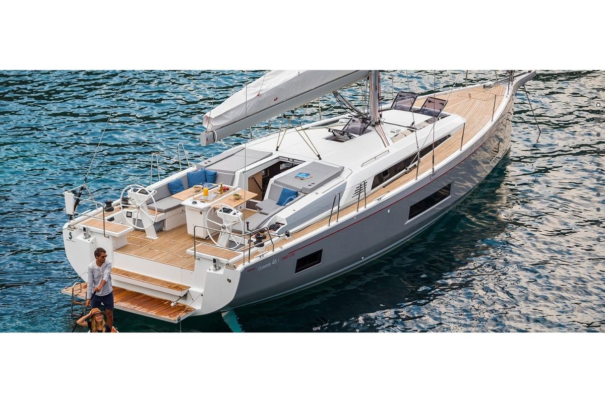 Exterior view of Ilia, a Beneteau Oceanis 46.1 sailboat at Athens, Greece