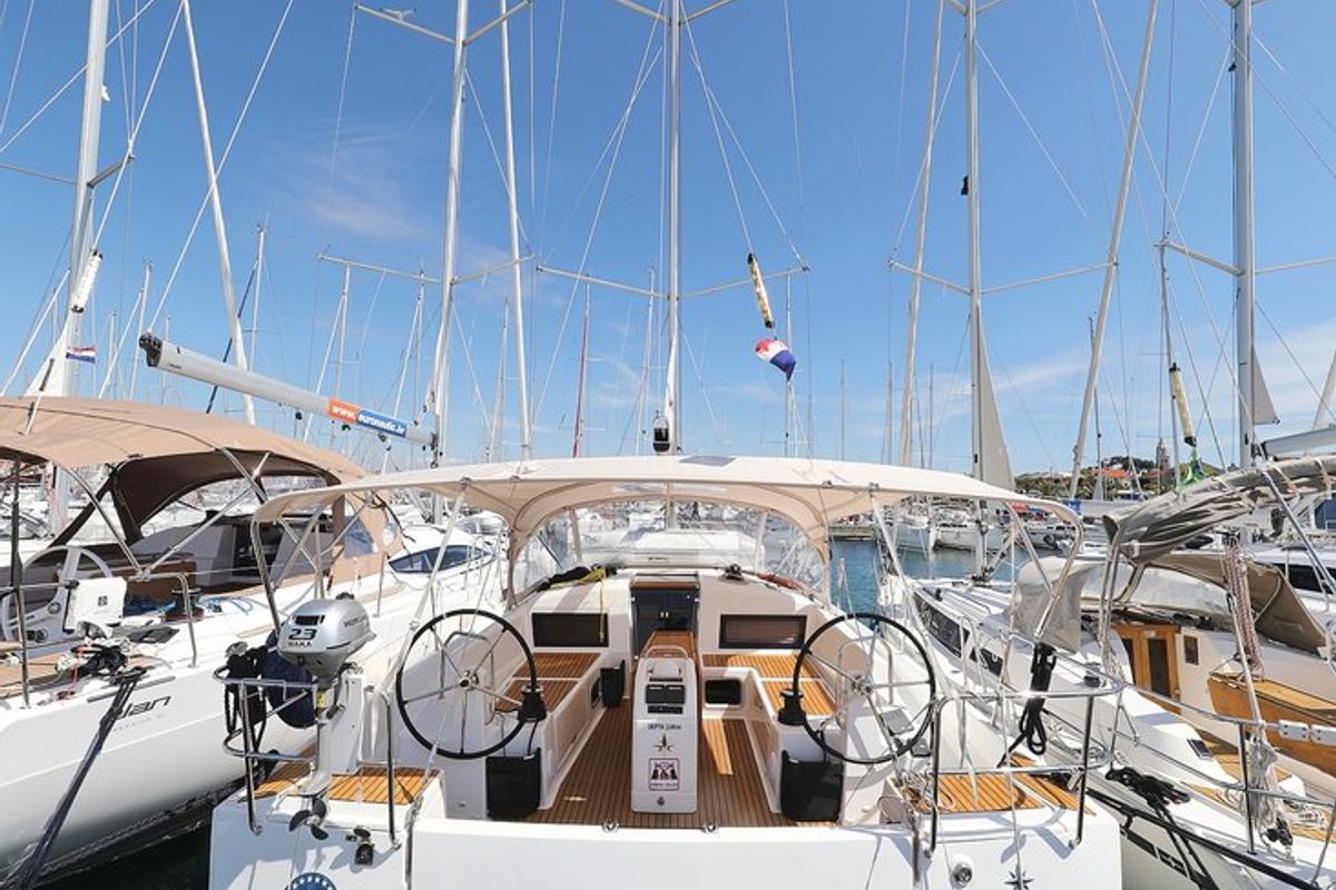 Exterior view of Waka, a Jeanneau Sun Odyssey 440 sailboat at Grad Biograd na Moru, Croatia