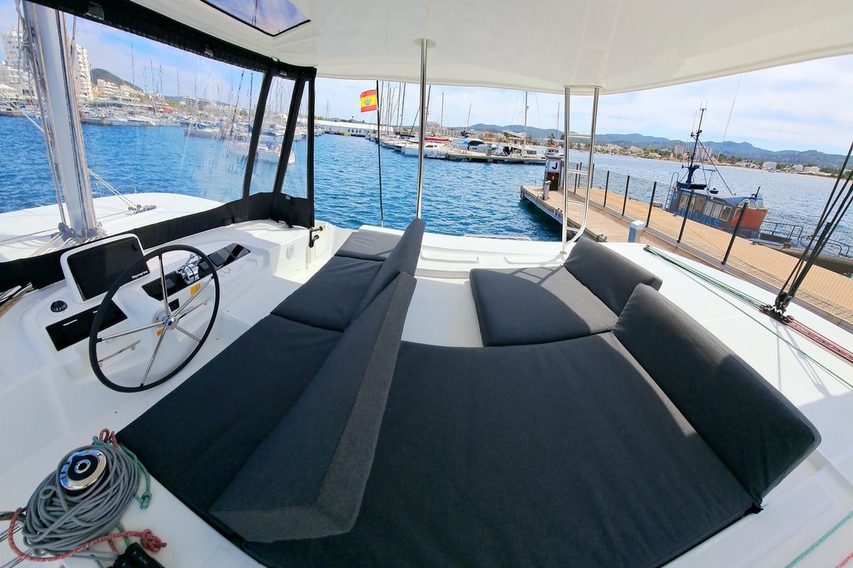 Cockpit of Silver Elli, a Lagoon 46 catamaran at Le Gosier, France