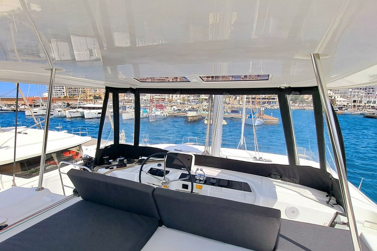 Cockpit of Silver Elli, a Lagoon 46 catamaran at Le Gosier, France