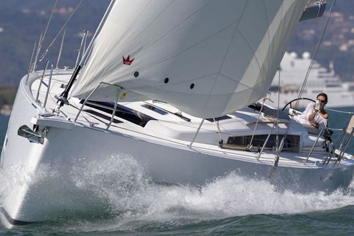 Exterior view of Blue Moon 2, a Dufour 430 sailboat at Parikia, Greece