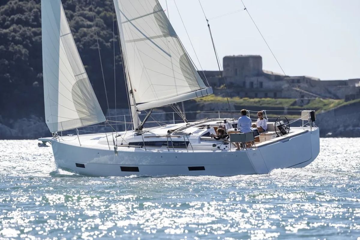 Exterior view of Blue Moon 2, a Dufour 430 sailboat at Parikia, Greece