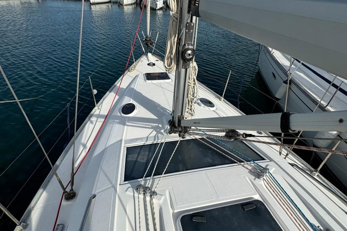 Deck of Sinje Sanje, a Elan 384 Impression sailboat at Punat, Croatia