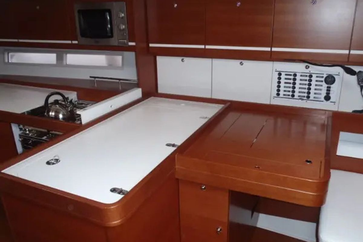 Galley of Ambiente V, a Dufour 445 Grand Large sailboat at Marmaris, Turkey