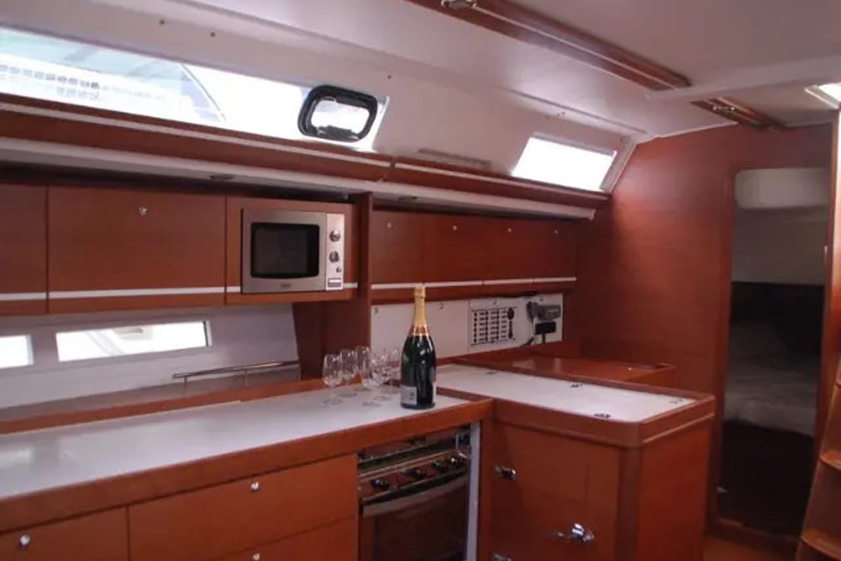 Galley of Ambiente V, a Dufour 445 Grand Large sailboat at Marmaris, Turkey