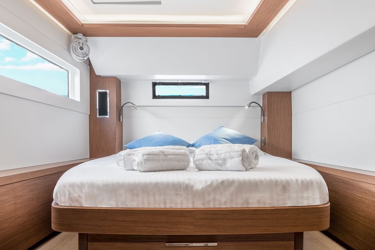 Cabin on Anastasia, a Lagoon 46 catamaran at Piraeus, Greece