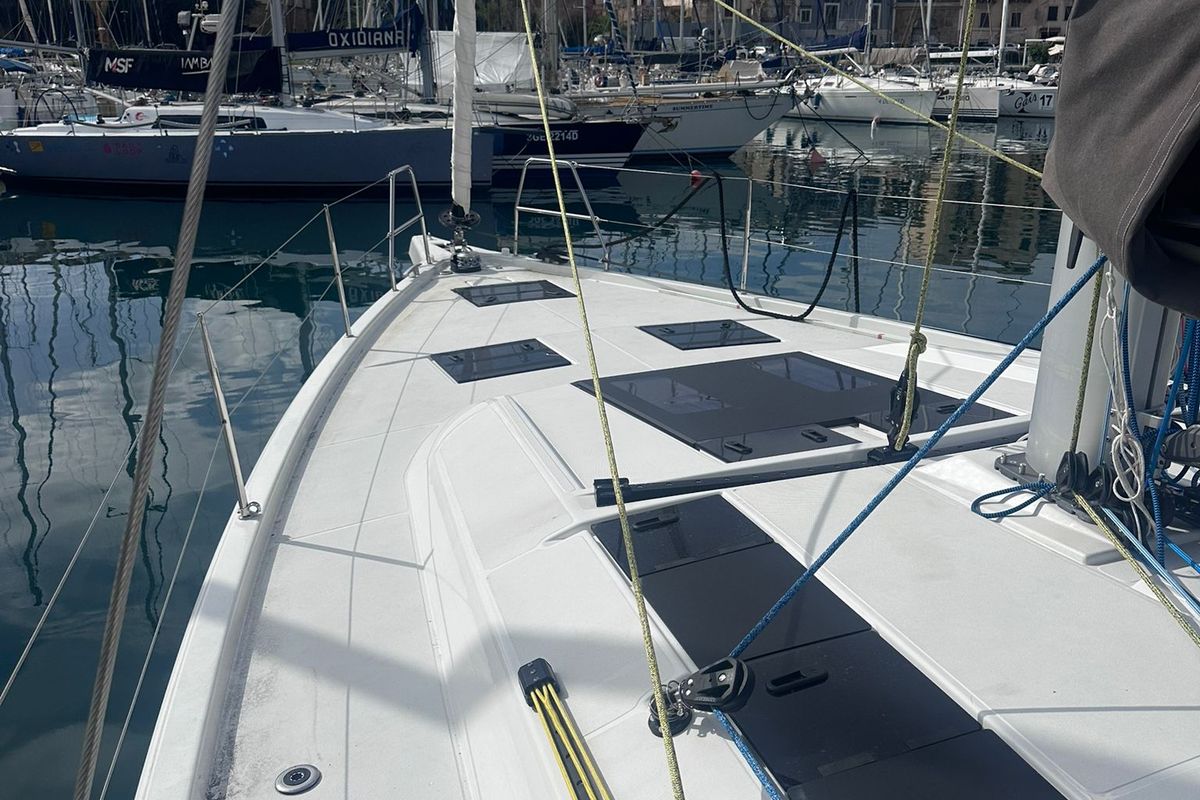 Deck of Thetis, a Dufour 48 sailboat at Procida, Italy