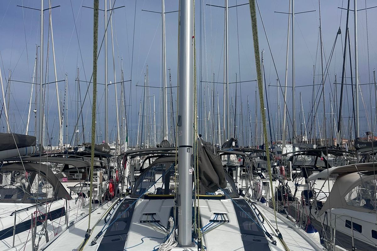 Deck of Thetis, a Dufour 48 sailboat at Procida, Italy