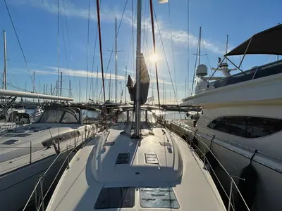 Deck of Leonidas III, a Bavaria Cruiser 51 sailboat at Athens, Greece