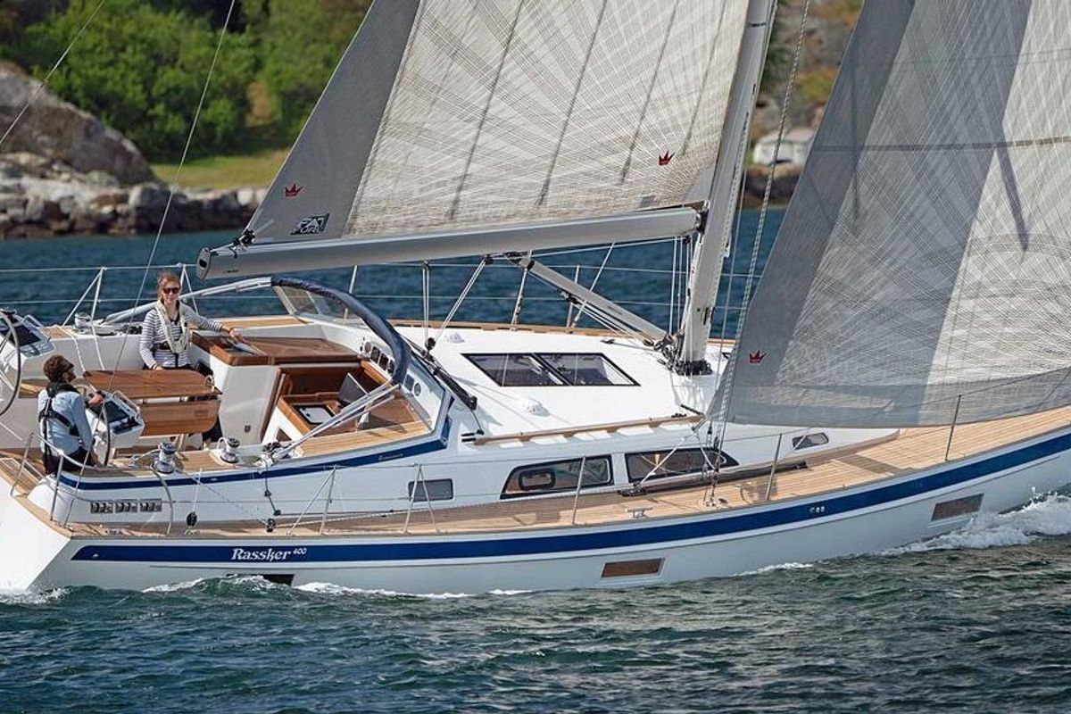 Exterior view of Maguelone, a Hallberg-Rassy 400 sailboat at Heiligenhafen, Germany