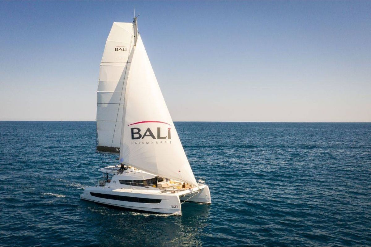 Exterior view of Pastel, a Bali 4.2 catamaran at Athens, Greece