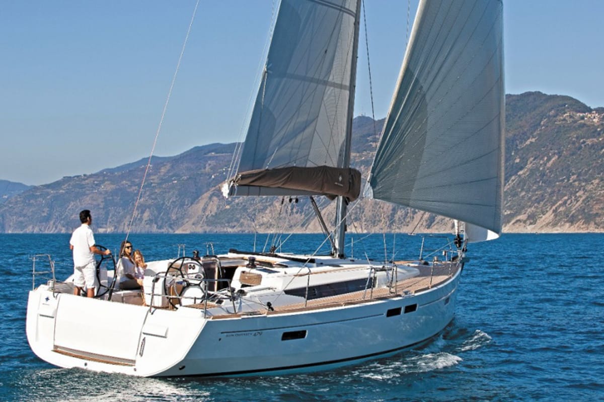 Exterior view of Maistros, a Jeanneau Sun Odyssey 519 sailboat at Lavreotiki Municipal Unit, Greece