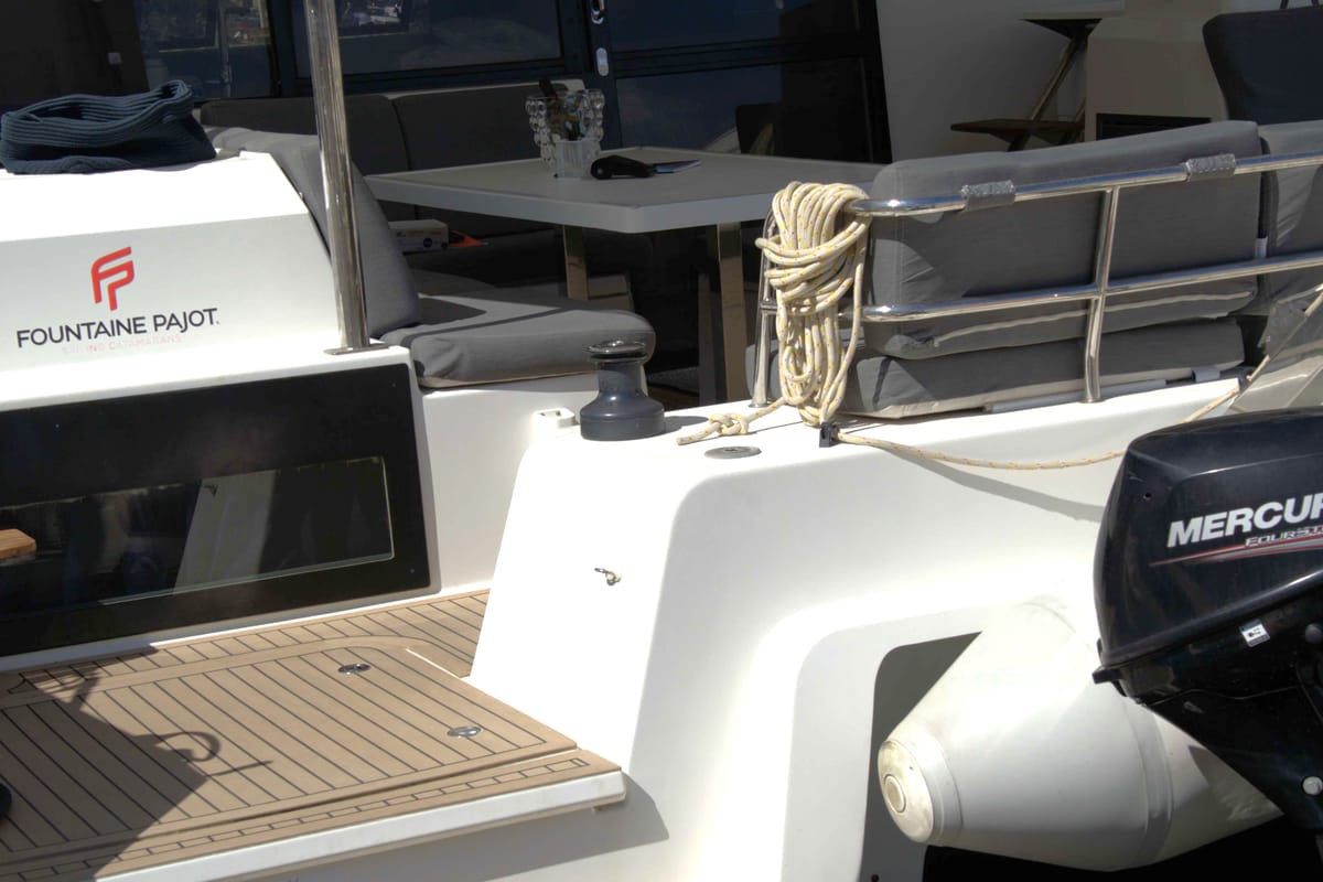 Deck of Astrea , a Fountaine Pajot Astréa 42 catamaran at Castellammare del Golfo, Italy