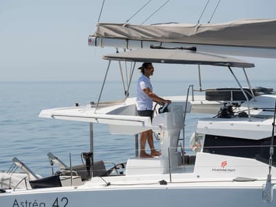 Cockpit of Astrea , a Fountaine Pajot Astréa 42 catamaran at Castellammare del Golfo, Italy