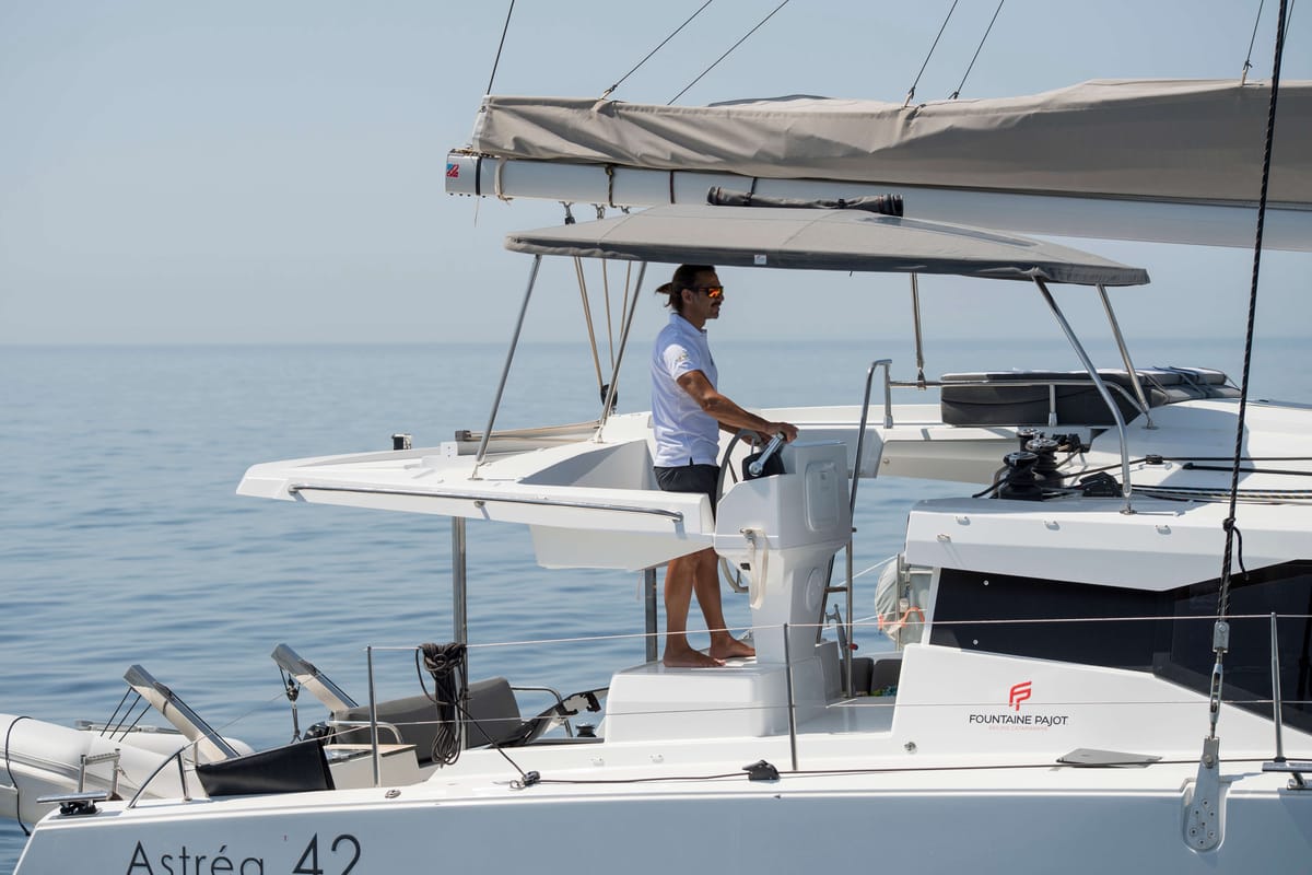Cockpit of Astrea , a Fountaine Pajot Astréa 42 catamaran at Castellammare del Golfo, Italy
