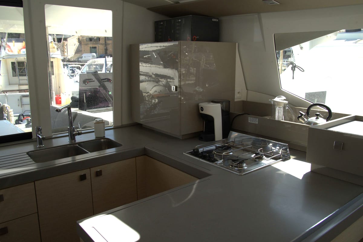 Galley of Astrea , a Fountaine Pajot Astréa 42 catamaran at Castellammare del Golfo, Italy