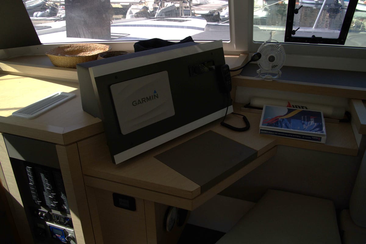 Cockpit of Astrea , a Fountaine Pajot Astréa 42 catamaran at Castellammare del Golfo, Italy