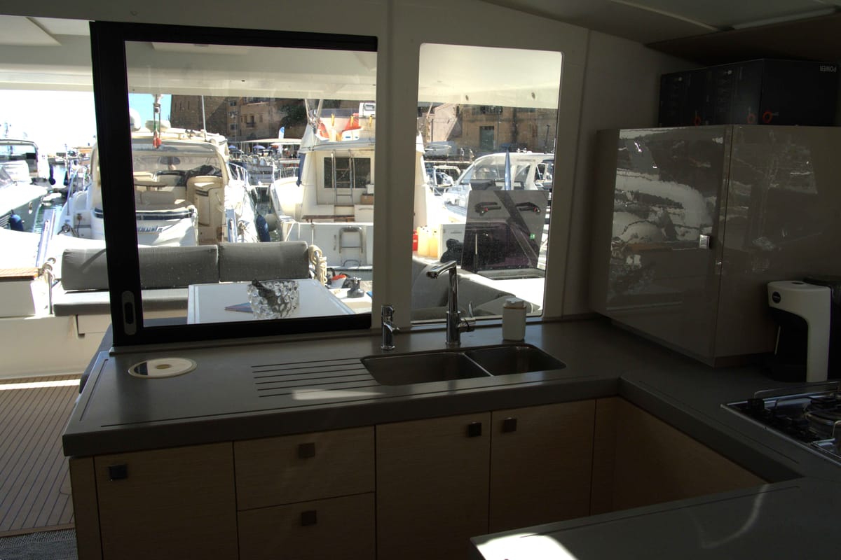 Galley of Astrea , a Fountaine Pajot Astréa 42 catamaran at Castellammare del Golfo, Italy