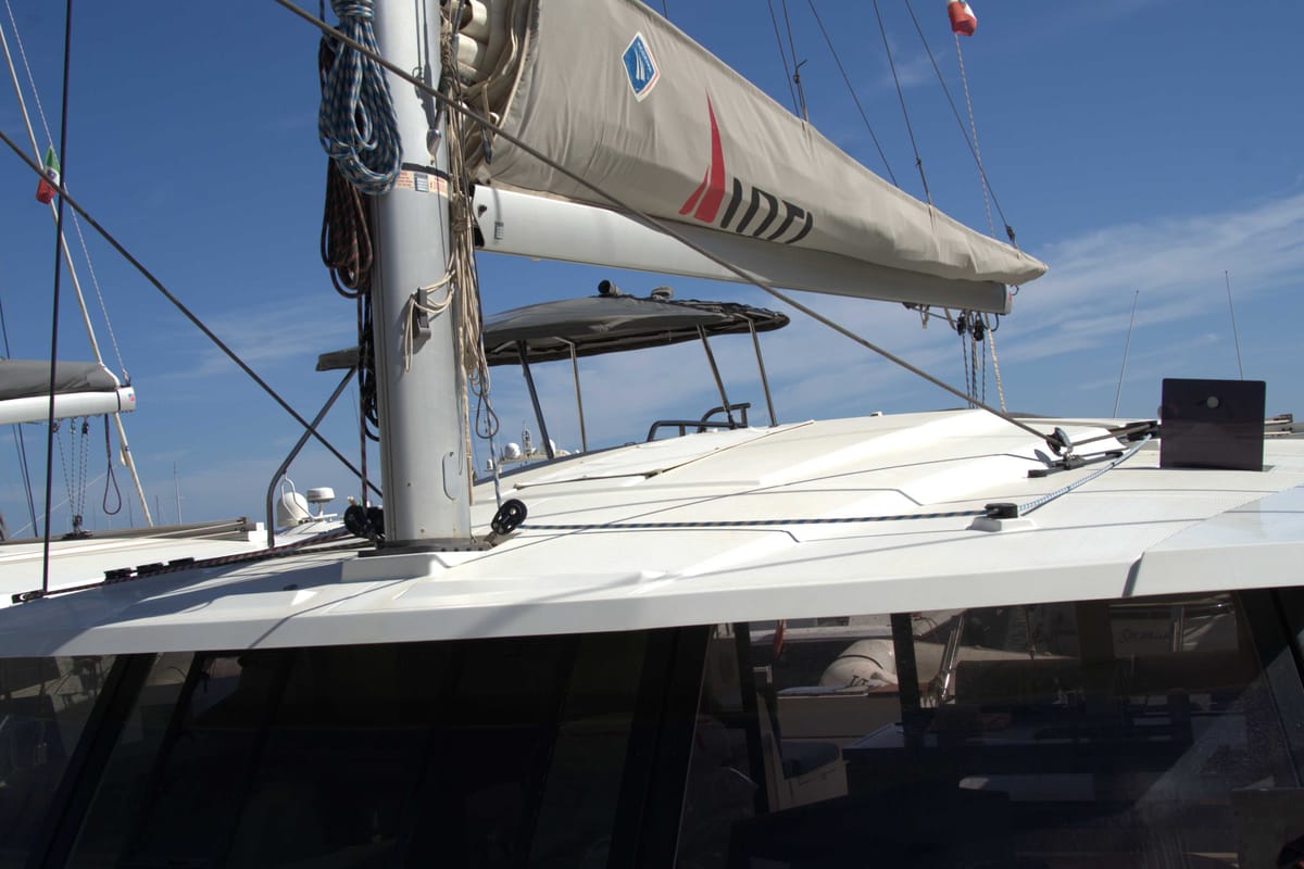 Exterior view of Astrea , a Fountaine Pajot Astréa 42 catamaran at Castellammare del Golfo, Italy