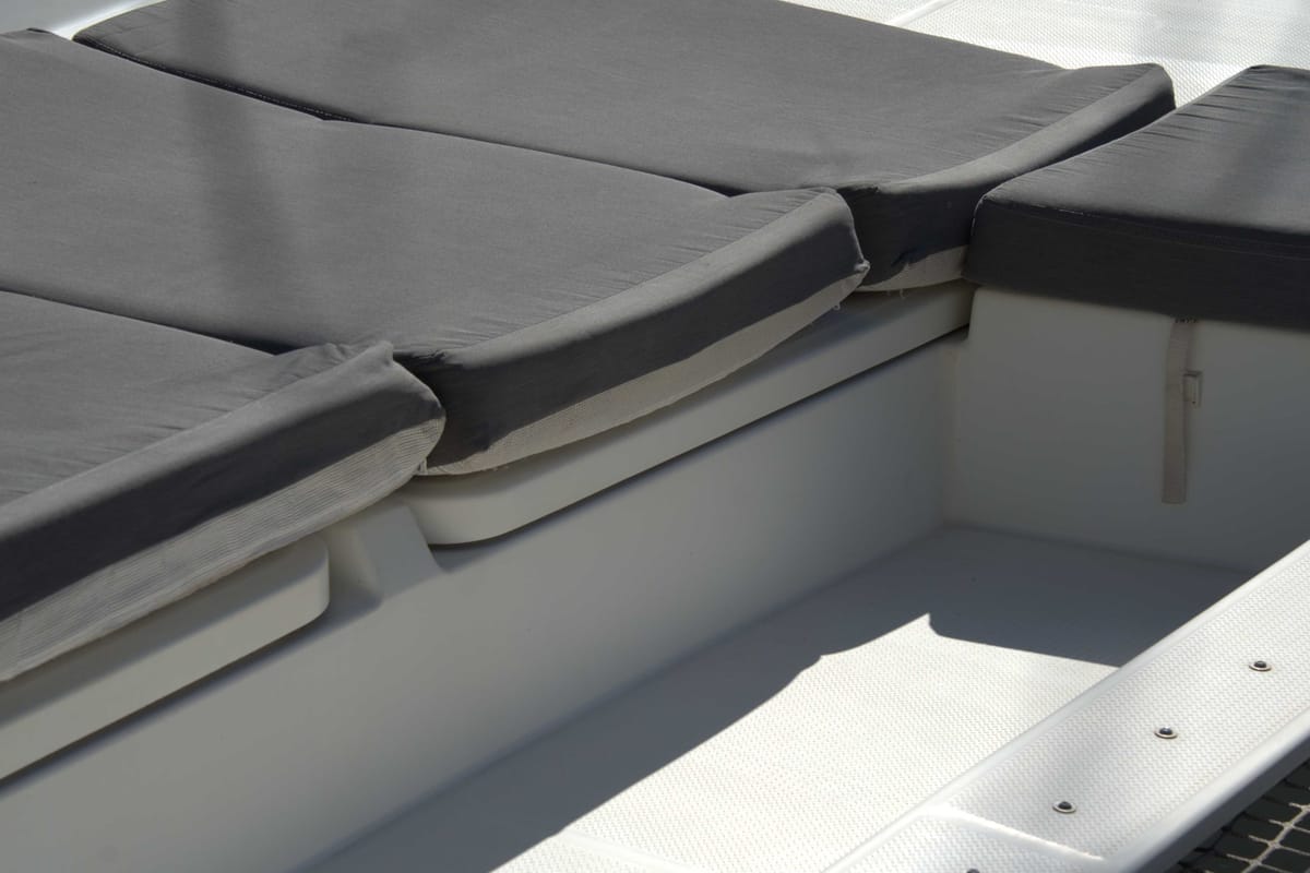 Deck of Astrea , a Fountaine Pajot Astréa 42 catamaran at Castellammare del Golfo, Italy