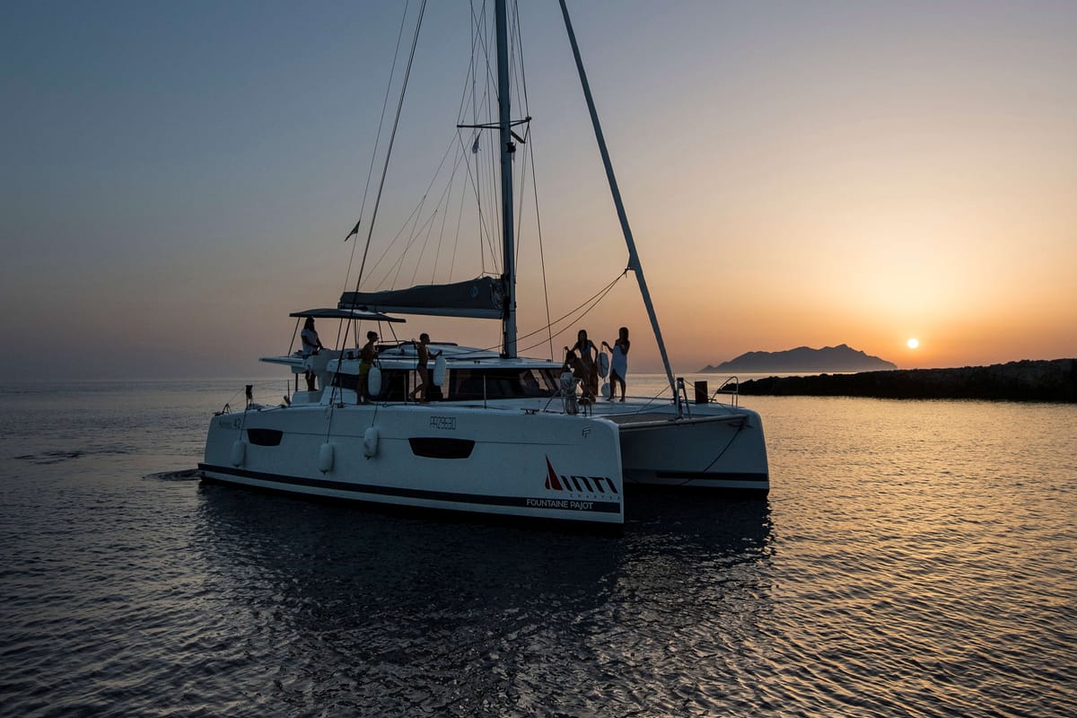 Exterior view of Astrea , a Fountaine Pajot Astréa 42 catamaran at Castellammare del Golfo, Italy