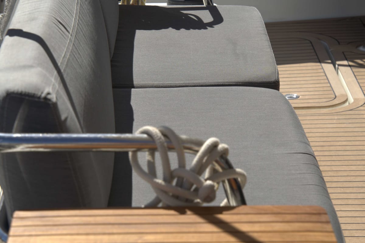 Deck of Astrea , a Fountaine Pajot Astréa 42 catamaran at Castellammare del Golfo, Italy