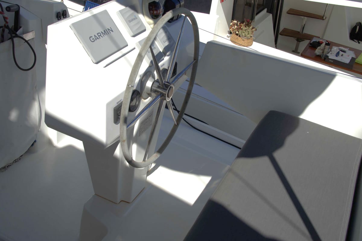 Cockpit of Astrea , a Fountaine Pajot Astréa 42 catamaran at Castellammare del Golfo, Italy
