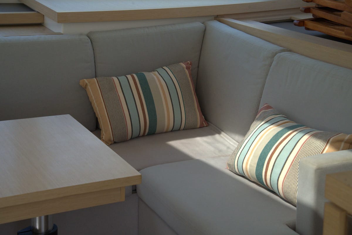 Salon of Astrea , a Fountaine Pajot Astréa 42 catamaran at Castellammare del Golfo, Italy