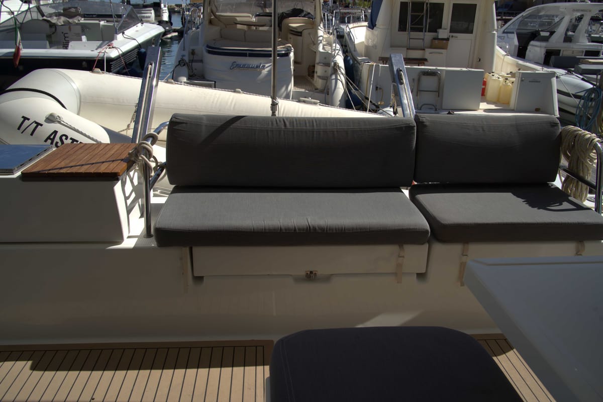 Deck of Astrea , a Fountaine Pajot Astréa 42 catamaran at Castellammare del Golfo, Italy