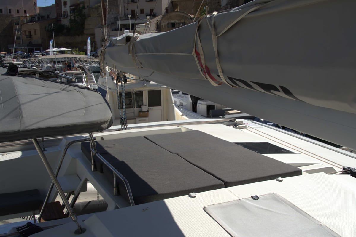 Exterior view of Astrea , a Fountaine Pajot Astréa 42 catamaran at Castellammare del Golfo, Italy