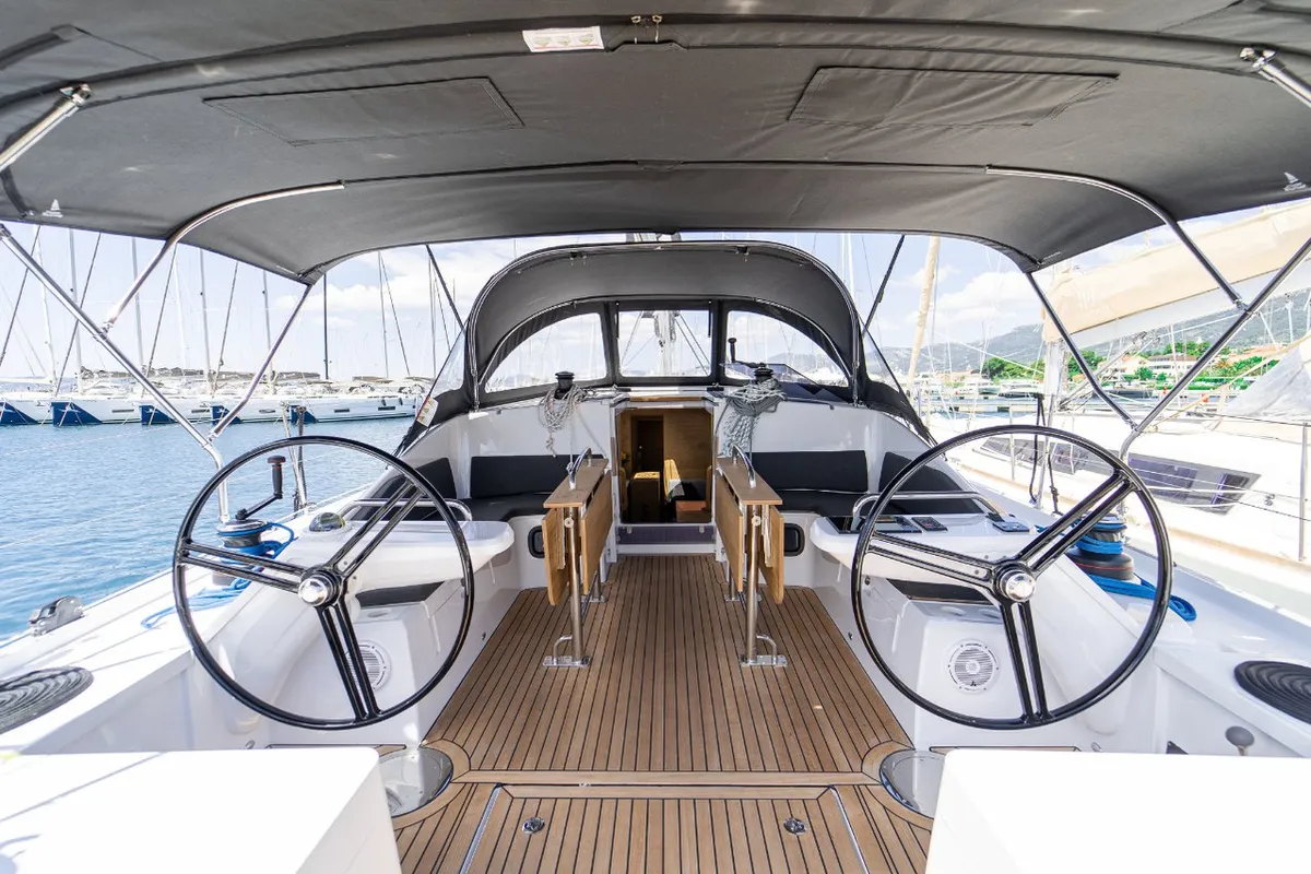 Cockpit of Trinity, a Elan Impression 45 sailboat at Grad Kaštela, Croatia