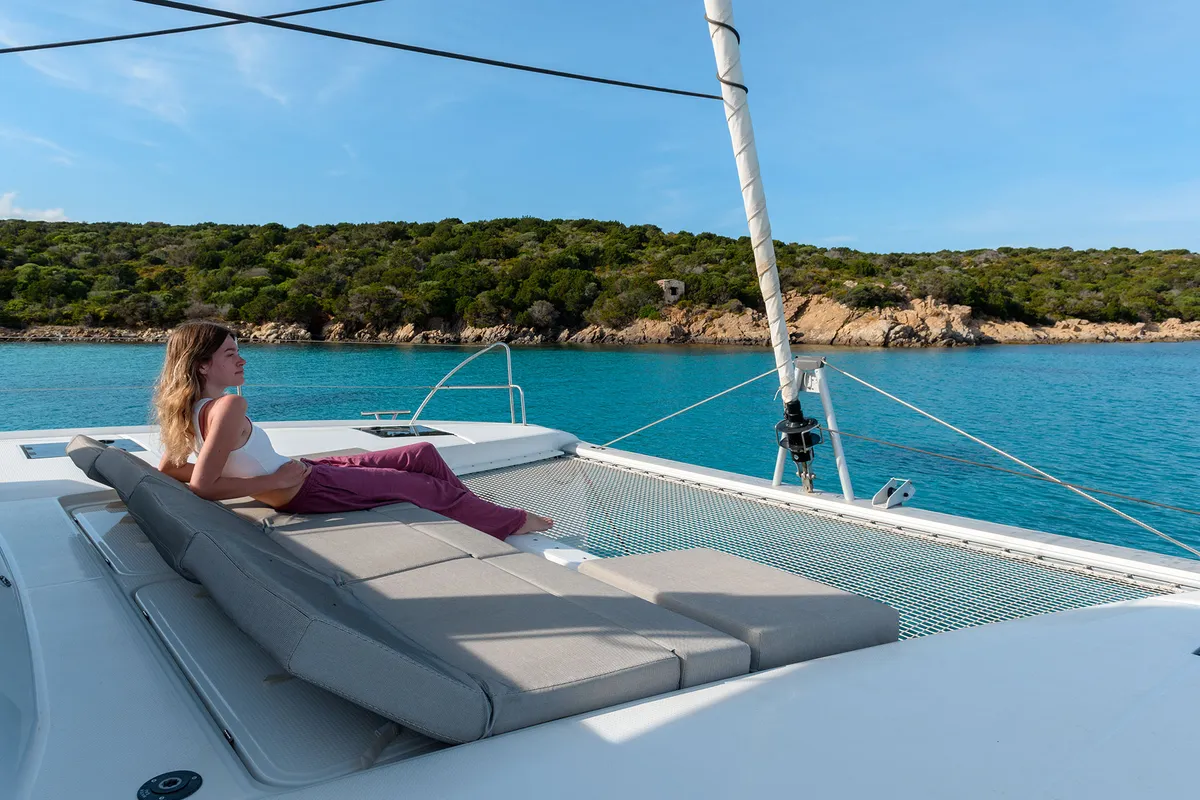 Deck of Amapola - A/C, Generator, Water maker. Solar panel, a Fountaine Pajot Astréa 42 catamaran at Cannigione, Italy