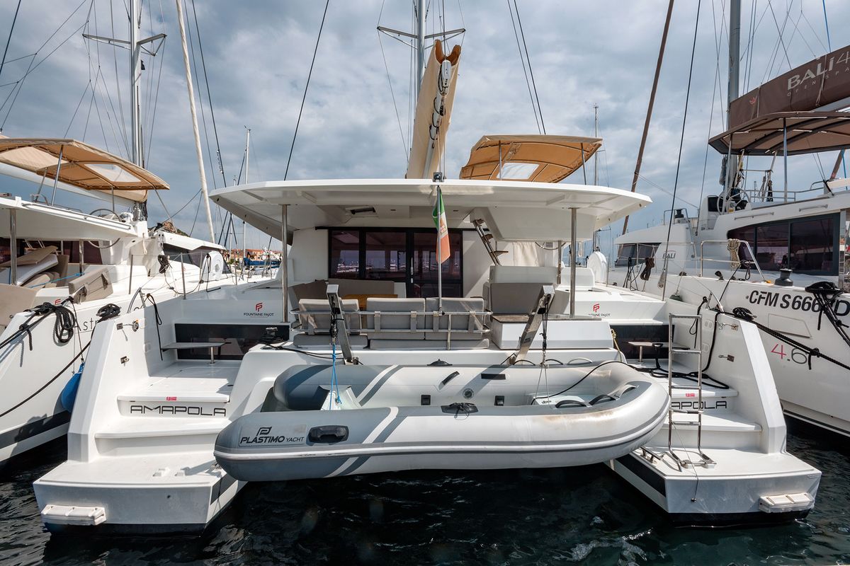 Exterior view of Amapola - A/C, Generator, Water maker. Solar panel, a Fountaine Pajot Astréa 42 catamaran at Cannigione, It…