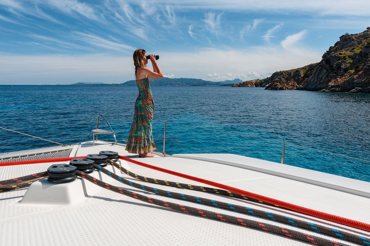 Deck of Amapola - A/C, Generator, Water maker. Solar panel, a Fountaine Pajot Astréa 42 catamaran at Cannigione, Italy