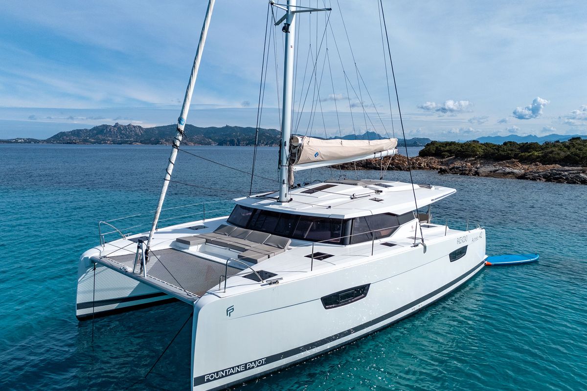Exterior view of Amapola - A/C, Generator, Water maker. Solar panel, a Fountaine Pajot Astréa 42 catamaran at Cannigione, It…