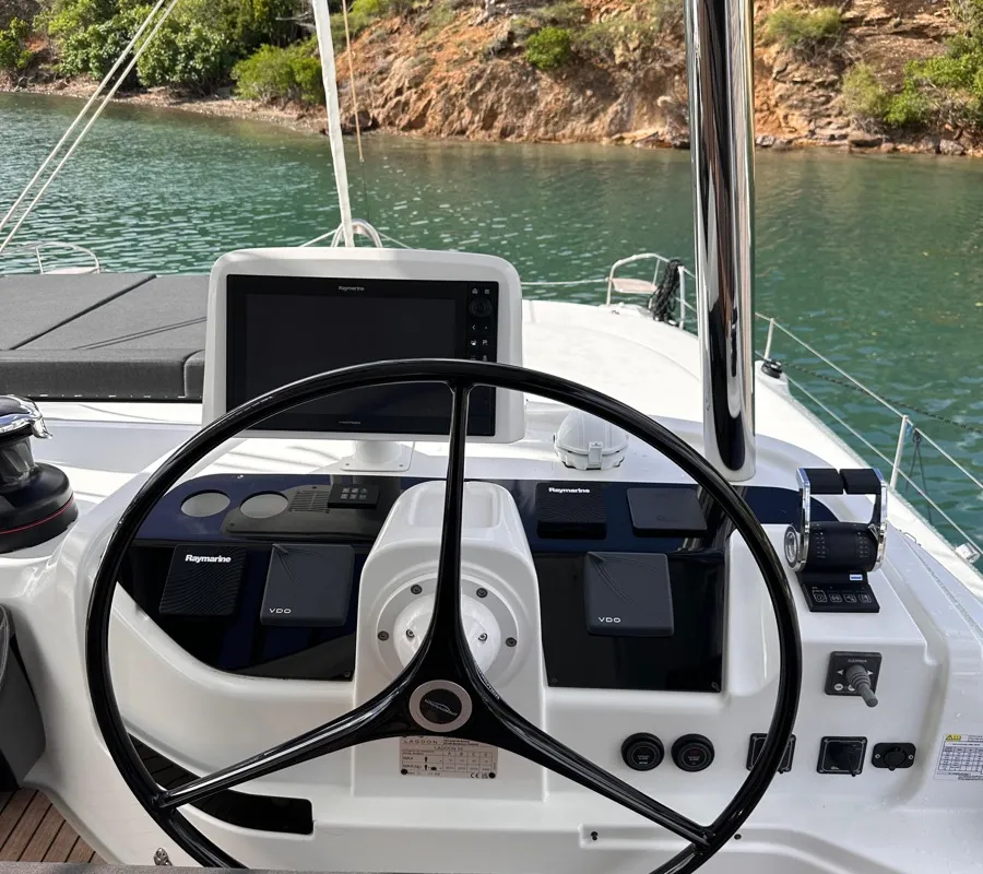 Cockpit of MAUI (ANU), a Lagoon 55 catamaran at English Harbour, Antigua and Barbuda
