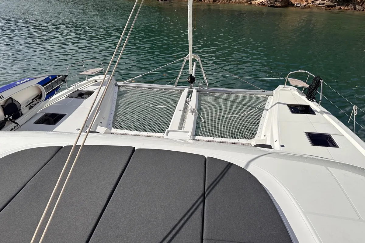 Deck of MAUI (ANU), a Lagoon 55 catamaran at English Harbour, Antigua and Barbuda