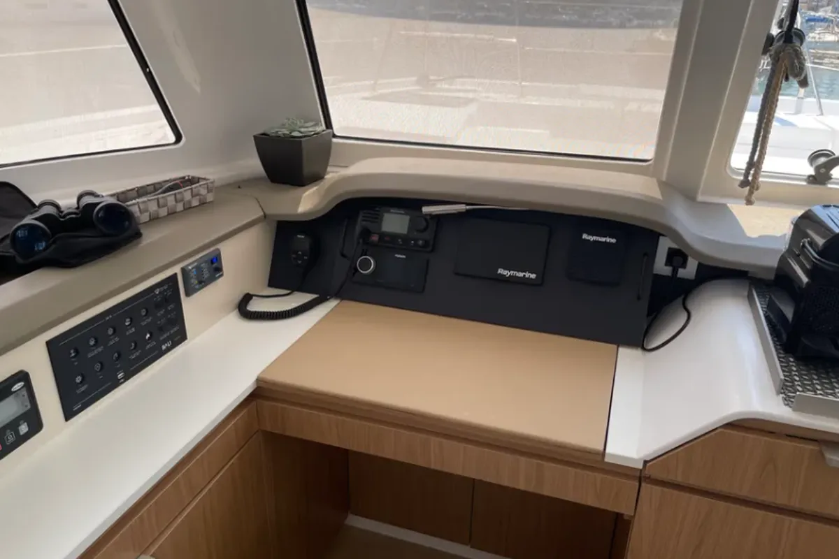 Cockpit of No Name, a Bali Catspace catamaran at Municipal Unit of Lefkada, Greece