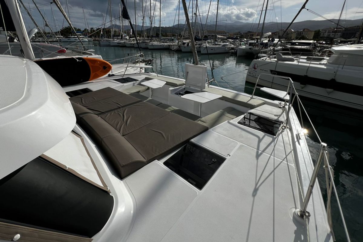 Deck of No Name, a Bali Catspace catamaran at Municipal Unit of Lefkada, Greece