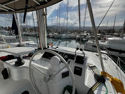Cockpit of No Name, a Bali Catspace catamaran at Municipal Unit of Lefkada, Greece