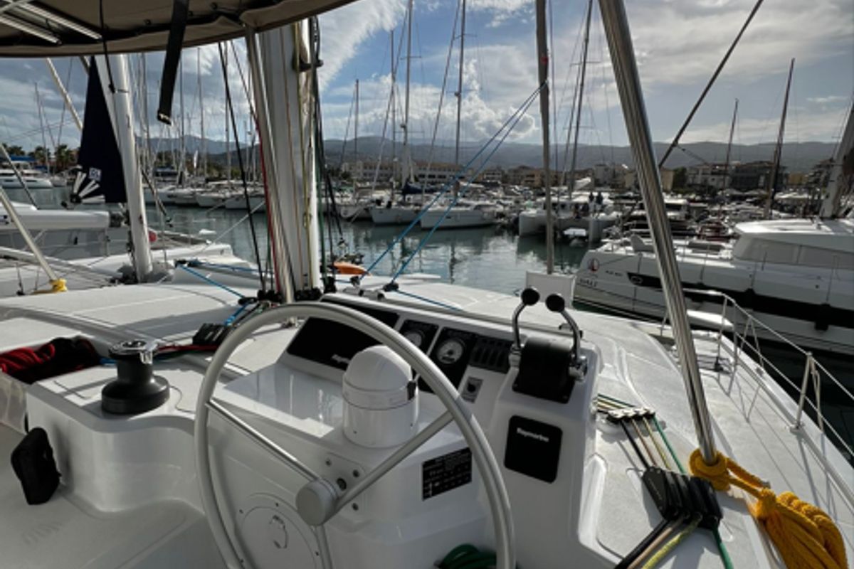 Cockpit of No Name, a Bali Catspace catamaran at Municipal Unit of Lefkada, Greece