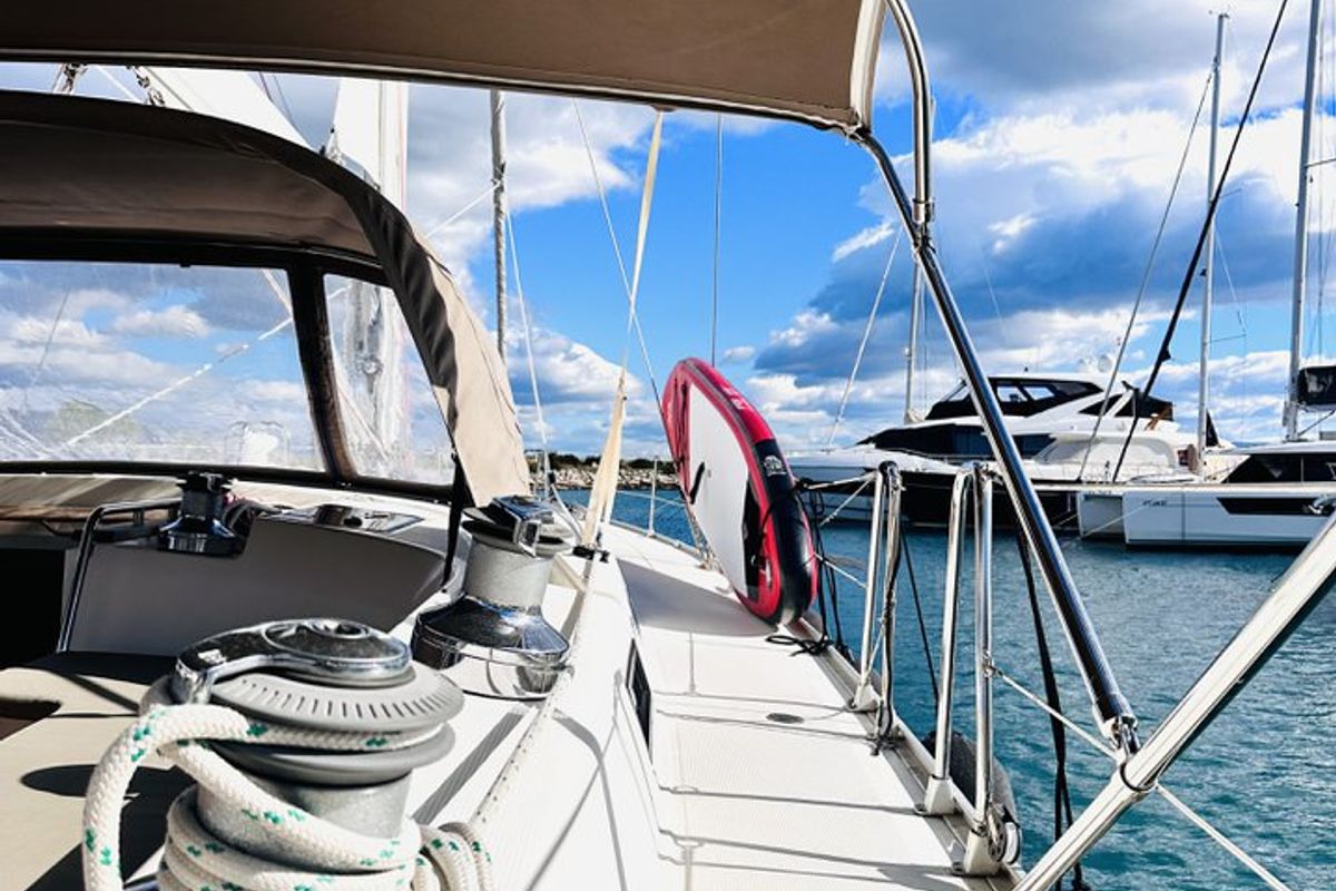 Deck of Heidrun, a Bavaria Cruiser 55 sailboat at Split, Croatia