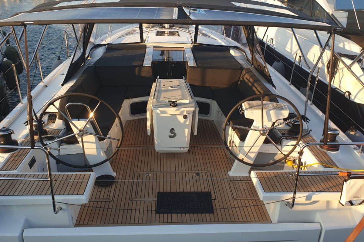 Cockpit of Nireas, a Beneteau Oceanis 51.1 sailboat at Athens, Greece