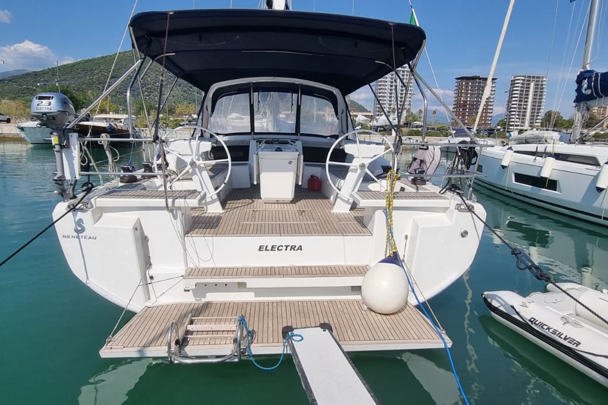 Exterior view of Electra, a Beneteau Oceanis 46.1 sailboat at Olbia, Italy