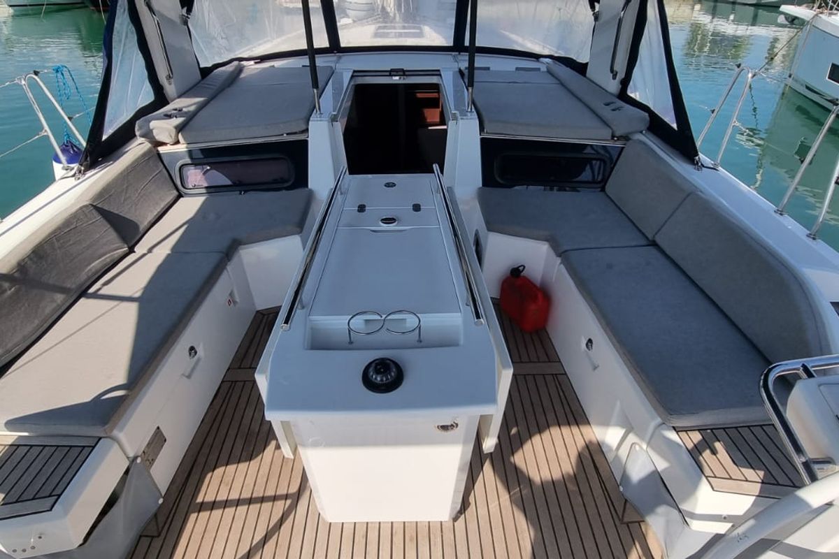 Deck of Electra, a Beneteau Oceanis 46.1 sailboat at Olbia, Italy