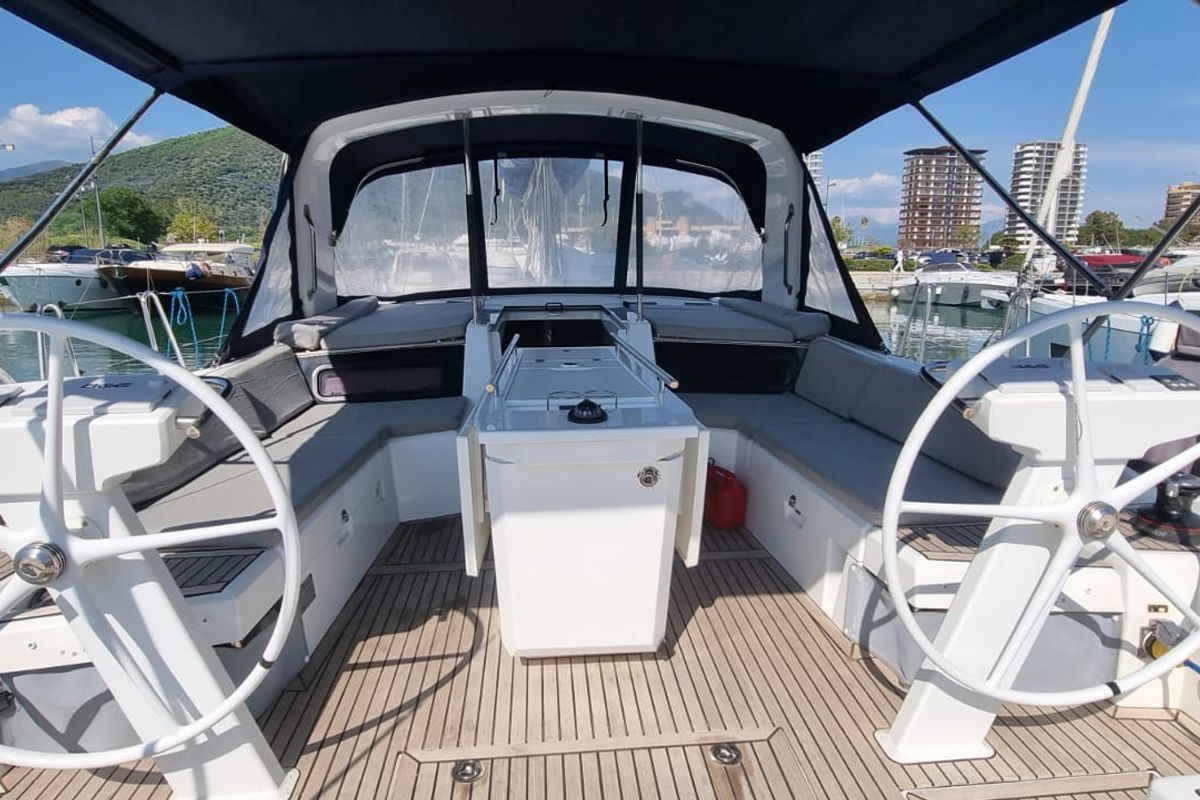 Cockpit of Electra, a Beneteau Oceanis 46.1 sailboat at Olbia, Italy