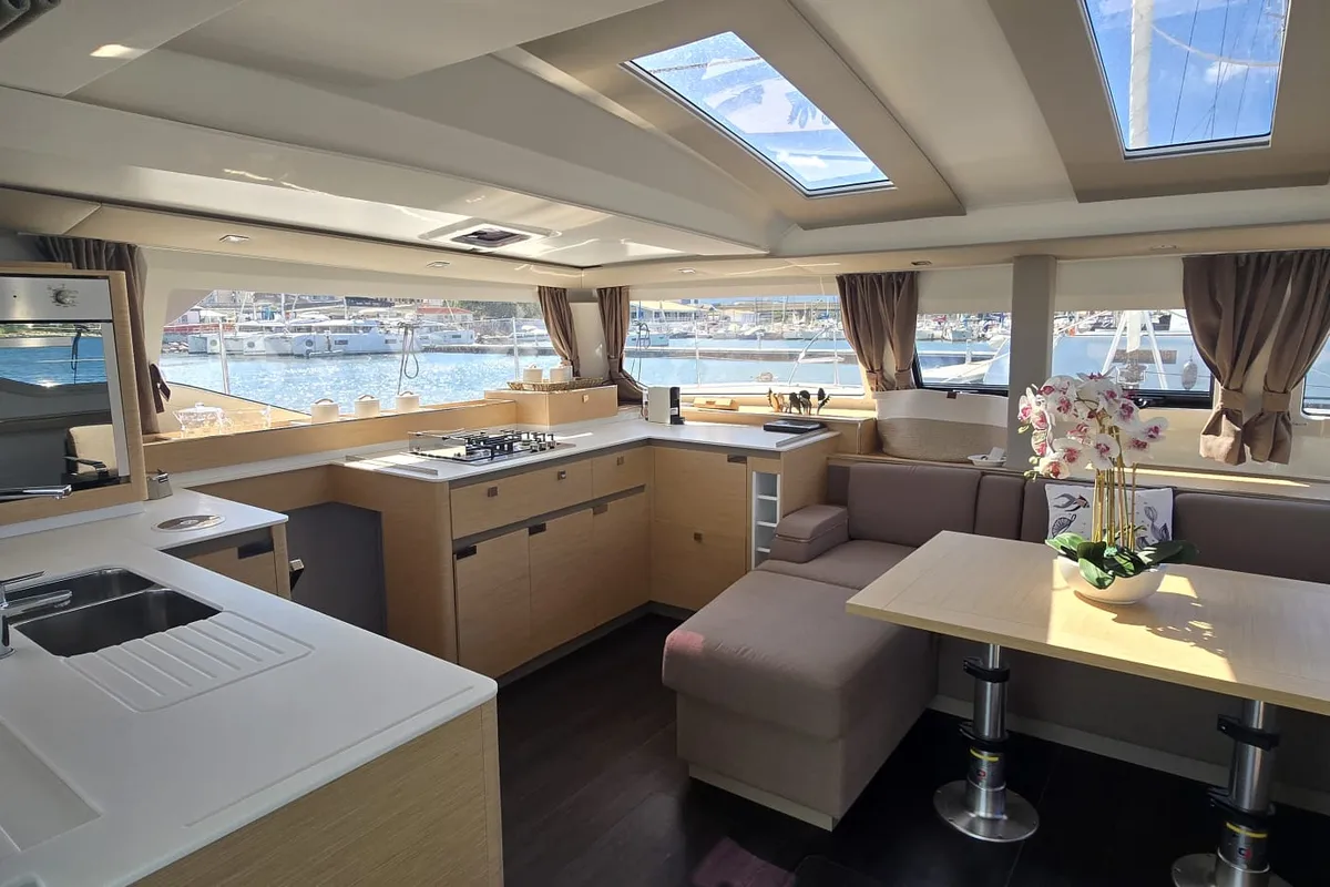 Galley of Ruinart, a Fountaine Pajot Elba 45 catamaran at Olbia, Italy