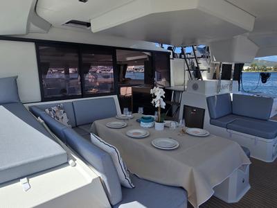 Deck of Ruinart, a Fountaine Pajot Elba 45 catamaran at Olbia, Italy